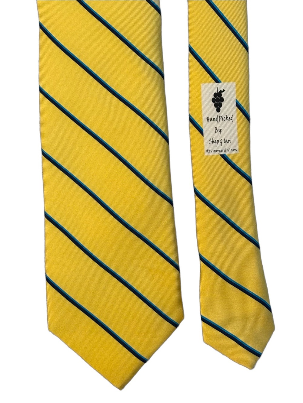 VINEYARD VINES Shep & Ian’s Yellow with Navy & Teal Pinstripes Silk Tie